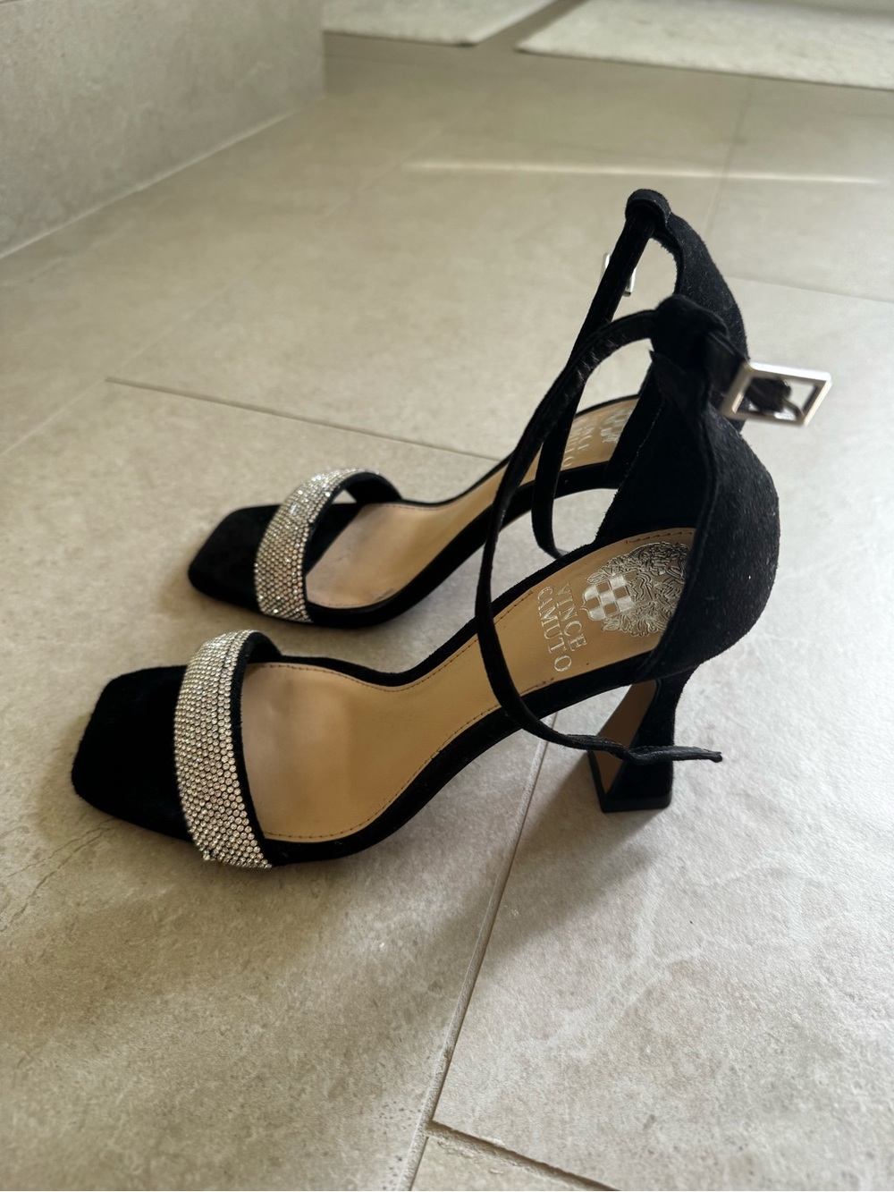 Vince Camuto Black Rhinestone Strap Block Heel Sandals